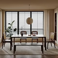 Modern Dining Room Interior Design With Wooden Table Chairs Bench Windows Blinds Round Pendant Light