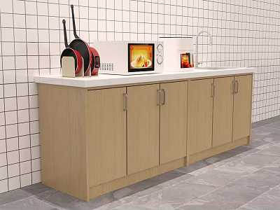 Light Wooden Kitchen Cabinets With Countertop Microwave Pans And White Tiled Wall 3d model