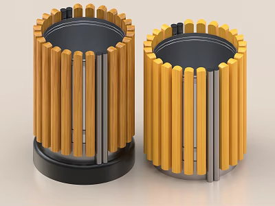 Two Cylindrical Mechanical Components With Yellow Vertical Bars And Black Base 3d model