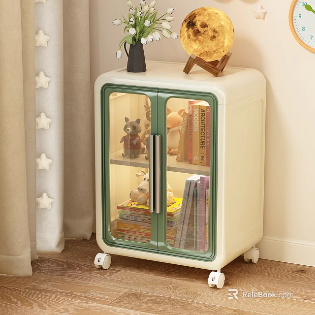 White Storage Cabinet With Green Trimmed Glass Doors Wheels And Books Stuffed Toys Inside 3d model 