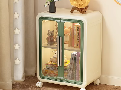 White Storage Cabinet With Green Trimmed Glass Doors Wheels And Books Stuffed Toys Inside 3d model