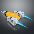 Toy Rocket Model With Yellow And White Body And Blue Thrusters