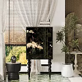 Black Chest of Drawers Featuring Crane Patterns With Window Blinds White Curtains And Green Plants