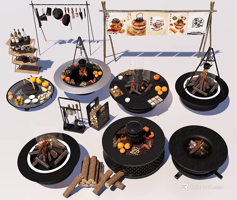 Outdoor Fire Pit Sets With Wood Logs Oranges And Decorative Items 3d model