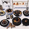 Outdoor Fire Pit Sets With Wood Logs Oranges And Decorative Items 3d model