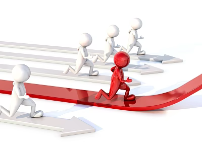 Red Figure Leading White Figures Running On Arrows In Competitive Concept 3d model