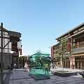 Traditional Architecture Commercial Street With Pedestrians Trees Red Lanterns And Evening Atmosphere