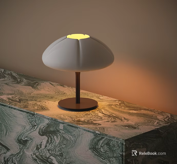 Modern Mushroom Shaped Table Lamp with White Lampshade Yellow Light Dark Base on Marble Tabletop 3d model 
