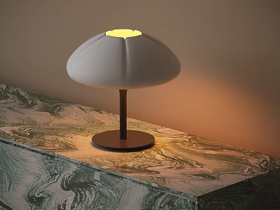 Modern Mushroom Shaped Table Lamp with White Lampshade Yellow Light Dark Base on Marble Tabletop 3d model