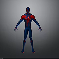 3D Rendered Spider Man Character In Blue Red Costume Standing On Gray Background