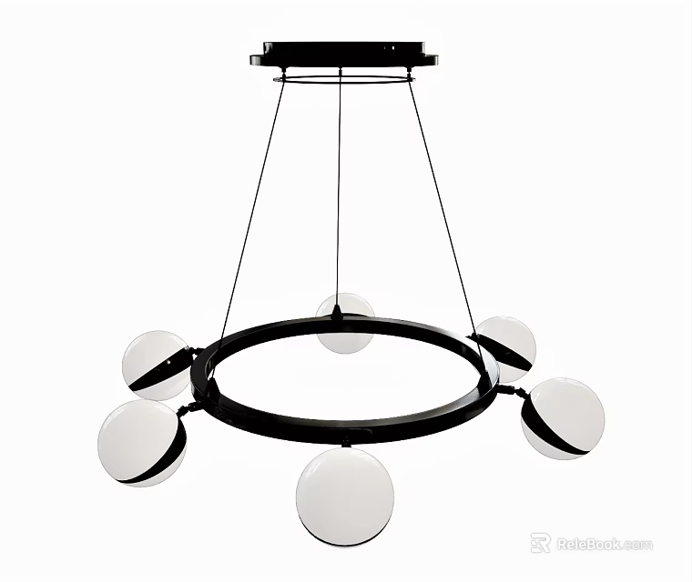 Modern Hanging Chandelier With Black Circular Frame And White Spherical Bulbs 3d model 