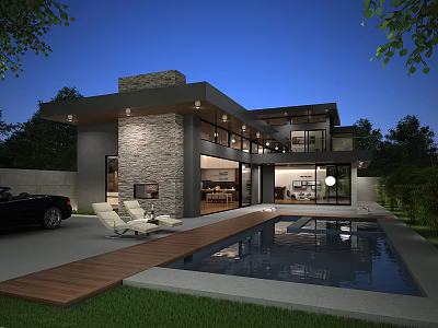 Modern Single Family House Exterior With Swimming Pool Wooden Deck And Stone Wall 3d model