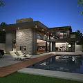 Modern Single Family House Exterior With Swimming Pool Wooden Deck And Stone Wall