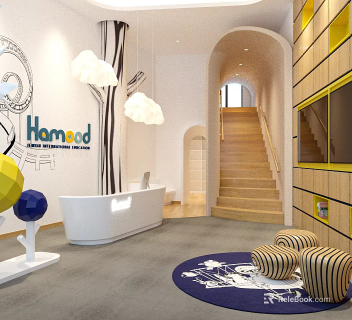 Hamood Hotel Lobby Interior With Reception Desk Cloud Chandeliers Wooden Walls And Staircase 3d model 