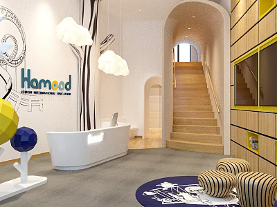 Hamood Hotel Lobby Interior With Reception Desk Cloud Chandeliers Wooden Walls And Staircase 3d model