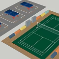 Outdoor Tennis Court With Green Surface Net And Surrounding Ping Pong Tables