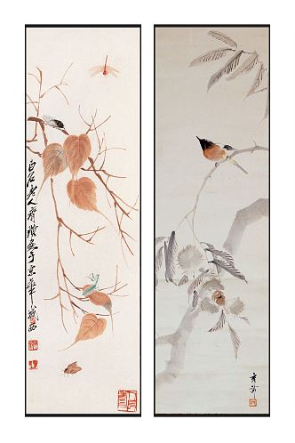 New Chinese Animal Painting Elegant Zen Plant Bird Pattern Hanging Picture Combination 3d model