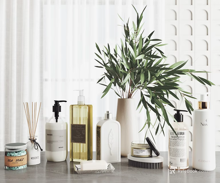 Modern Bathroom Accessories With Greenery And Containers 3d model