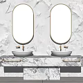 Marble Bathroom Vanity with Double Sinks Illuminated Mirrors and Gold Faucets