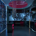 Modern Bar Interior Featuring Neon Lights Circular Ceiling Design Comfortable Sofas And Round Decorations