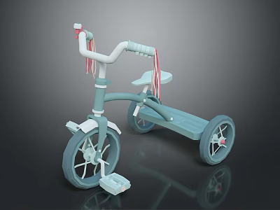 Pastel Blue Children's Tricycle With Red Handlebars Streamers White Seat And Pedals 3d model