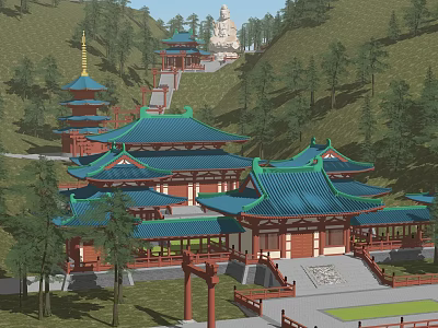 Ancient Chinese Architecture With Blue Tiled Roofs Red Structures Pagodas Amid Green Trees On Hillside 3d model