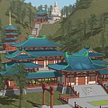 Ancient Chinese Architecture With Blue Tiled Roofs Red Structures Pagodas Amid Green Trees On Hillside