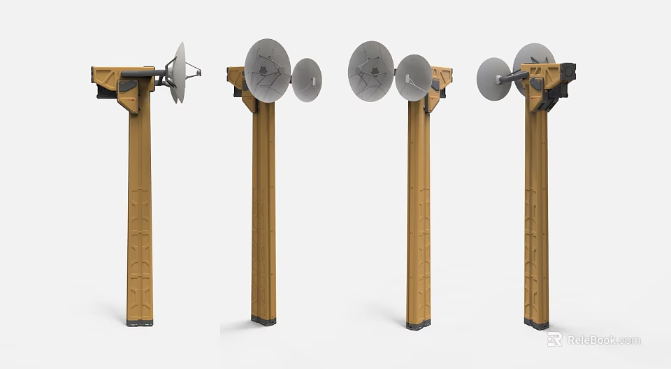 Yellow Columnar Devices With Circular And Dish Shaped Components In Four Angles 3d model 