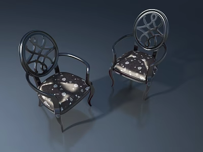 Two Elegant Chairs With Metal Frame Carved Backrest And Patterned Upholstery On Gray Background 3d model