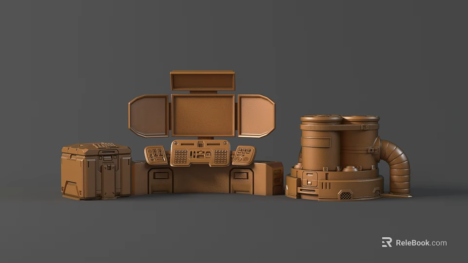 Detailed Brown Mechanical Sculpture Carving With Industrial Style Boxes And Cylindrical Devices 3d model 