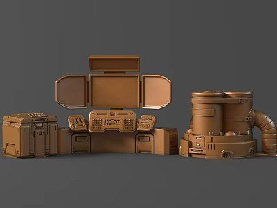 Detailed Brown Mechanical Sculpture Carving With Industrial Style Boxes And Cylindrical Devices 3d model