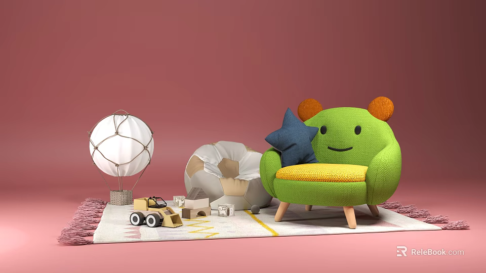 Green Smiley Armchair In Kids Room With Star Pillow Toys And Balloon Decor 3d model 