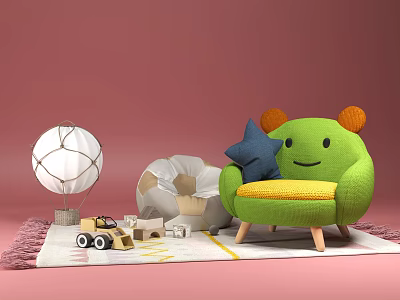 Green Smiley Armchair In Kids Room With Star Pillow Toys And Balloon Decor 3d model