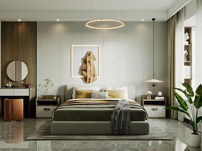 Modern Bedroom Interior Design With Large Bed Decorative Painting Nightstand And Green Plants 3d model