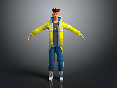 3D Young Male Character With Brown Short Hair Yellow Jacket And Blue Pants Standing Pose 3d model