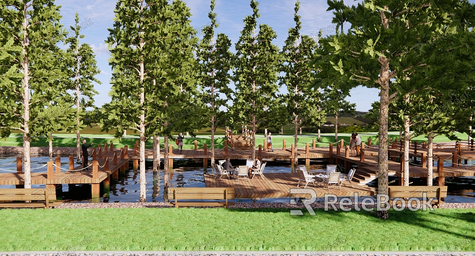 Modern Park Ecological Wetland Park Water Sightseeing Platform Metasequoia Forest Forest Under Wooden Plank Road Forest River model