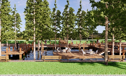 Modern Park Ecological Wetland Park Water Sightseeing Platform Metasequoia Forest Under Wooden Plank Road Forest River 3d model