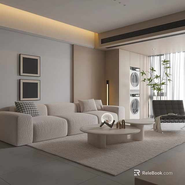 Modern Beige Sofa Coffee Table Set with Wall Art Floor Lamp and Accent Chair 3d model 