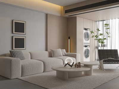 Modern Beige Sofa Coffee Table Set with Wall Art Floor Lamp and Accent Chair 3d model