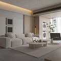 Modern Beige Sofa Coffee Table Set with Wall Art Floor Lamp and Accent Chair