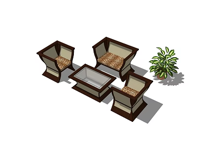 Modern Sofa Coffee Table Combination With Wooden Frame Patterned Seats And Green Plant 3d model