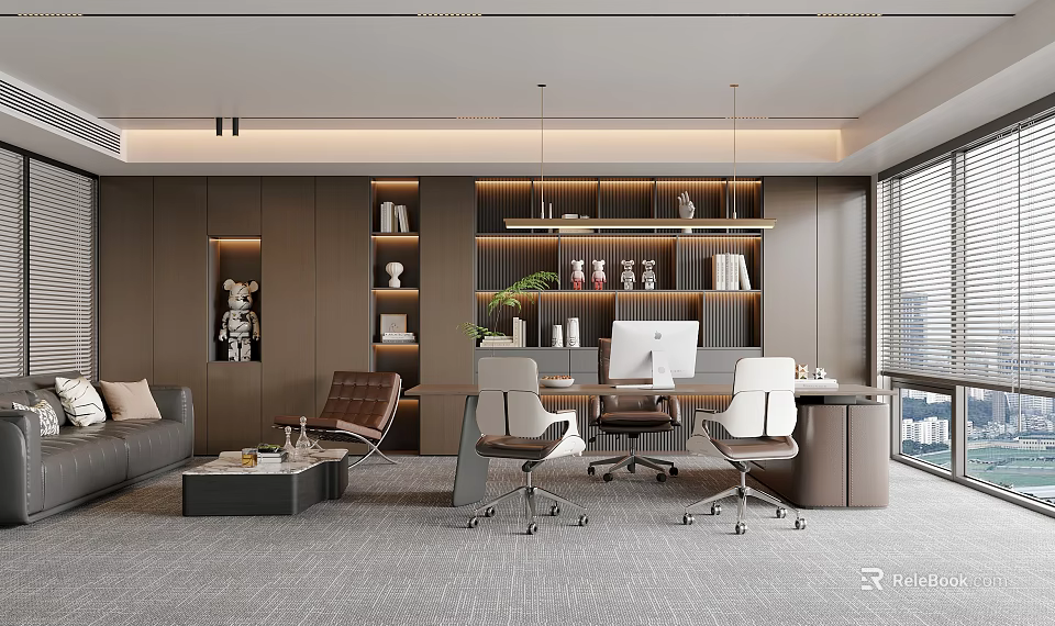 Modern Office Interior Design With Sofa Desk Bookshelves Pendant Lights And Floor to Ceiling Windows 3d model 