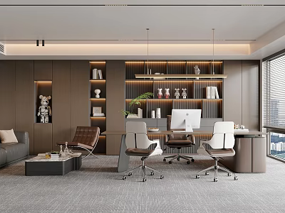 Modern Office Interior Design With Sofa Desk Bookshelves Pendant Lights And Floor to Ceiling Windows 3d model