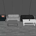 Sectional Sofa Set In Gray Black With Coffee Tables And Dark Striped Wall Design