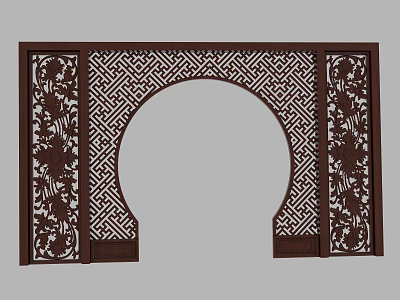 Chinese Style Wooden Room Divider With Arched Carved Geometric Patterns And Floral Decorations 3d model