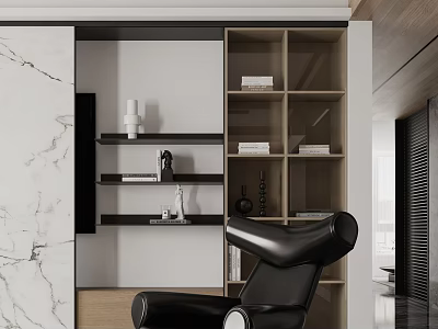 Sleek Black Leather Lounge Chair In Modern Interior With Marble Wall And Wooden Bookshelves 3d model