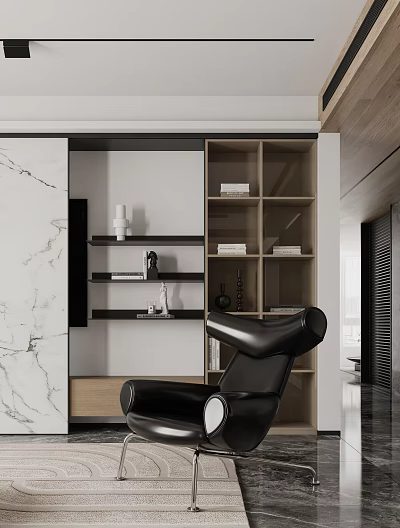 Sleek Black Leather Lounge Chair In Modern Interior With Marble Wall And Wooden Bookshelves 3d model