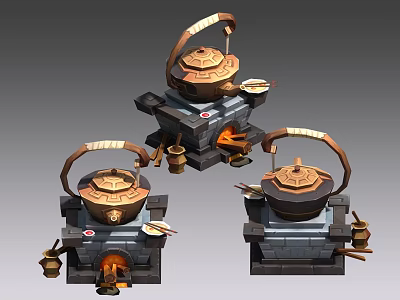 Traditional Rustic Kitchen With Copper Teapot Brick Stove Open Flame And Cooking Utensils 3d model