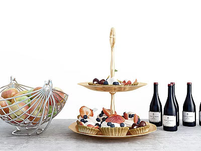 Fresh Fruits In Metal Basket And Gold Tiered Tray With Desserts And Wine Bottles 3d model