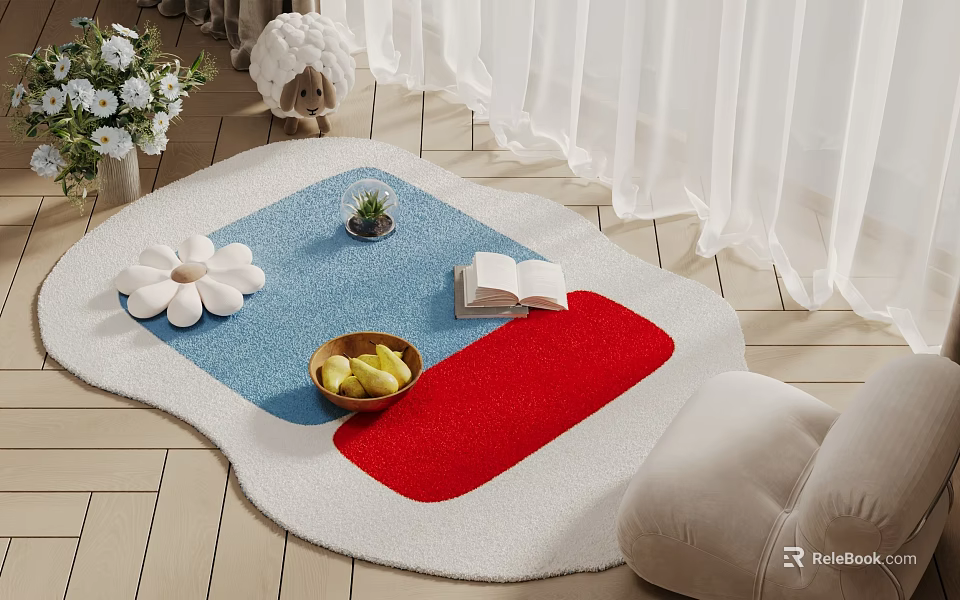 Shaped Rug Blue Red White With Flower Cushion Potted Plant Book Fruit Bowl Living Room 3d model 